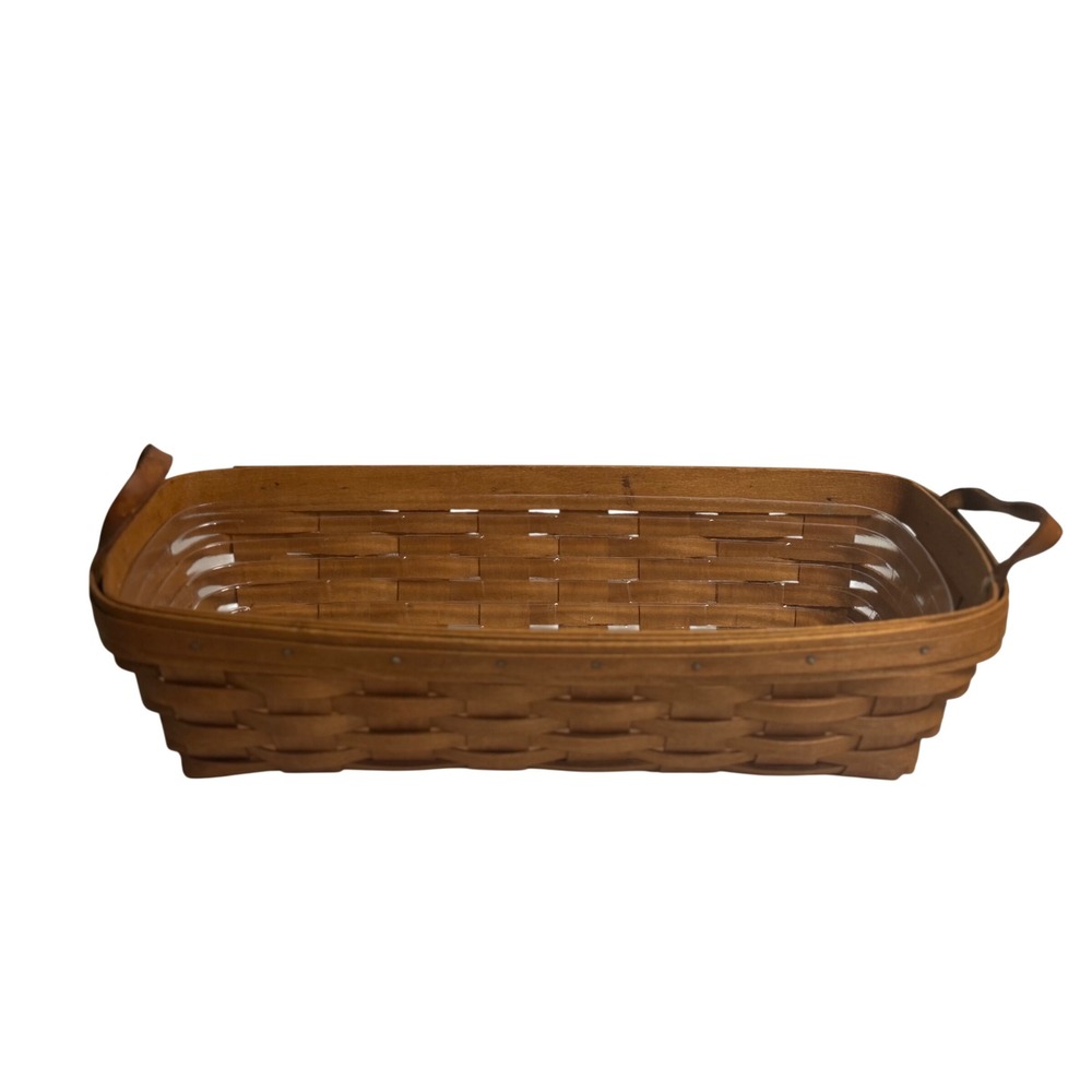 VTG Longaberger Basket Rectangle Brown Woven Leather Handles Plastic Liner‎ 1991
